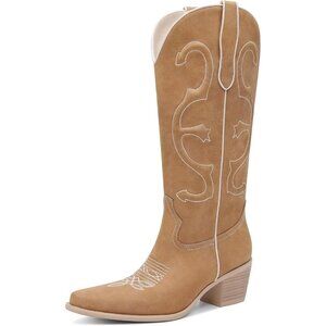 Women's Brown Mid Calf Cowgirl Pointed Toe Chunky Heel Fashion Cowboy Boots
